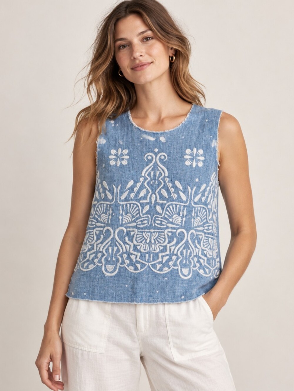 Sea New York Blue and White Embroidered Sleeveless Tank Top
